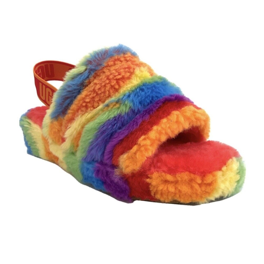 New UGG Australia Rainbow Fluff Yeah Slide Cali Collage Sandals 9
